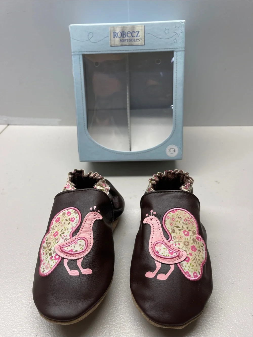 Robeez Brown Leather Moccasins with Pink Floral Bird Appliqués. NEW